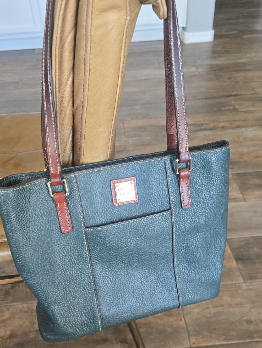 Dooney & Bourke Green Pebbled Leather Shoulder Bag with Brown Straps